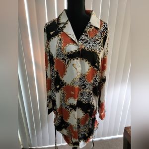 Notched Collar Side Drawstring Chain Print Multicolor Dress